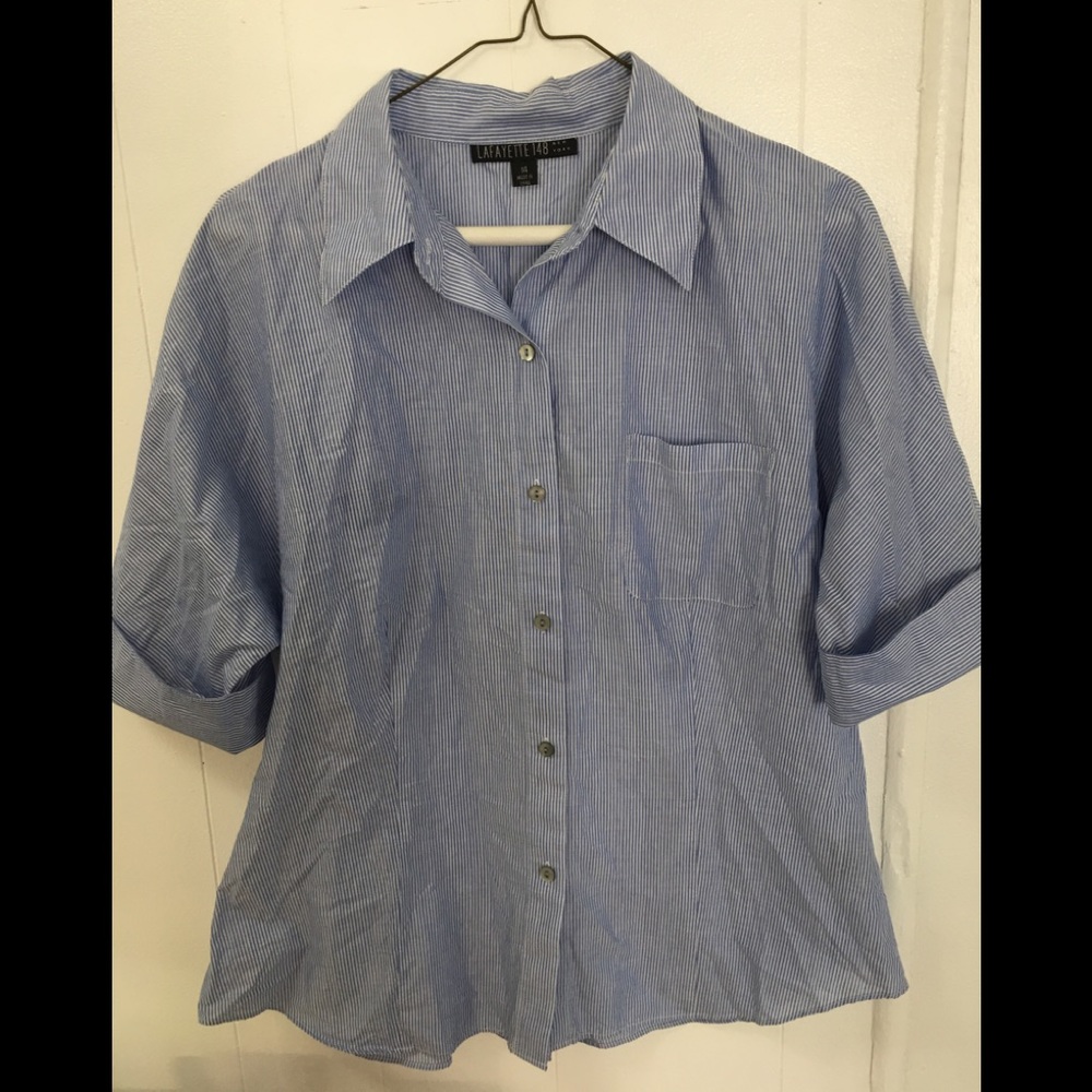 Lafayette 148 Blue/White Striped Cotton Sh…